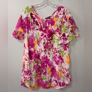 Ninety Clothing Co. Multicolor Floral Pleated Flutter Sleeve Top Feminine 2X?